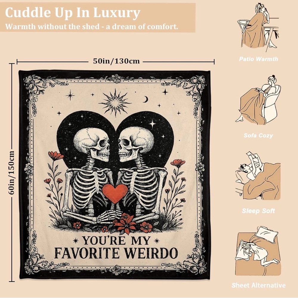 You’re My Favorite Weirdo Anniversary Gift Valentine Skeleton 50x60 Blanket NEW - Picture 2 of 2